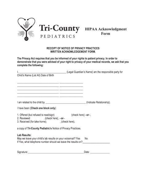 Fillable Online Hipaa Acknowledgment Form Tri County Pediatrics Fax