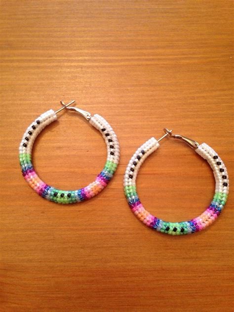 Native American Beaded Hoop Earrings 2 Inch Herringbone Stitch