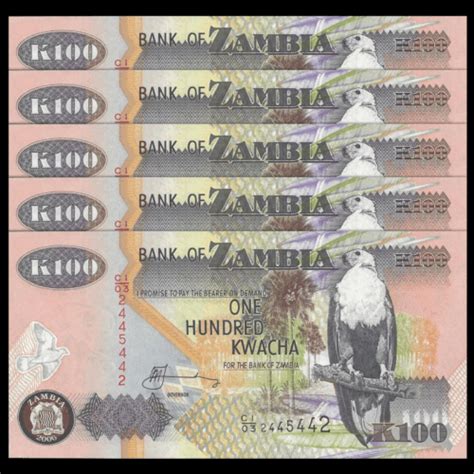 Lot 5 PCS Zambia 100 Kwacha Banknotes Money 2006 2009 P 38