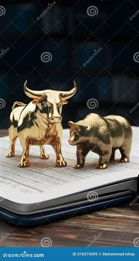 Gold Bull And Bear On Notebook Business Concept D Rendering Stock