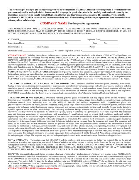 Generic Pre Inspection Agreement Template In Word And Pdf Formats