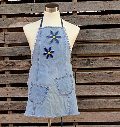 Blue Daisy Denim Apron Upcycled Blue Jeans Apron 3500 Via Etsy