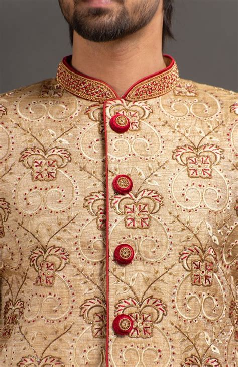 Hamsafar Mens Cream Tussar Poly Viscose Hand Embroidery Sherwani At Rs