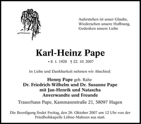 Traueranzeigen Von Karl Heinz Pape Trauer In Nrw De