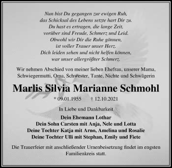 Traueranzeigen Von Marlis Silvia Marianne Schmohl Trauer Anzeigen De