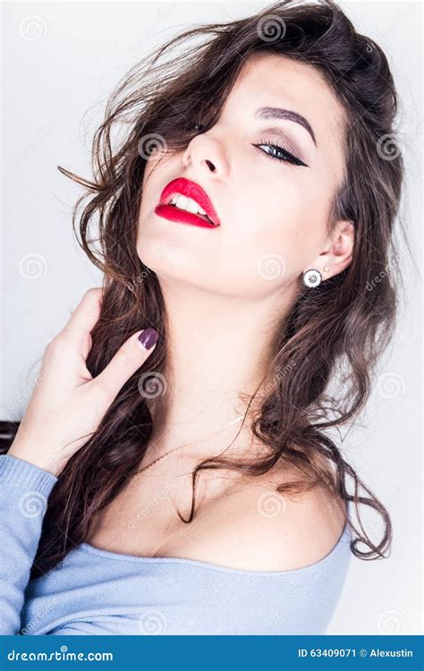 Beautiful Brunette With Red Lips Stock Image Image Of Sultry Woman