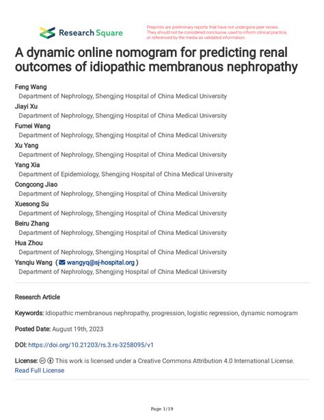 Pdf A Dynamic Online Nomogram For Predicting Renal Outcomes Of Idiopathic Membranous Nephropathy