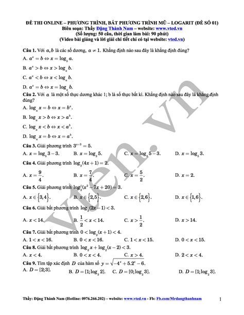 Trắc Nghiệm Phương Trình Mũ và Logarit Bài Tập Giải Pháp và Lời Giải