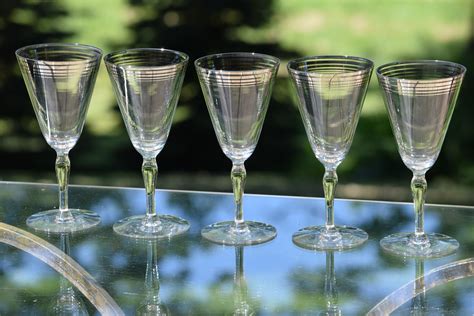 5 Vintage Wine Glasses Silver Striped Wine Glasses Vintage Platinum Rimmed Wine Glasses