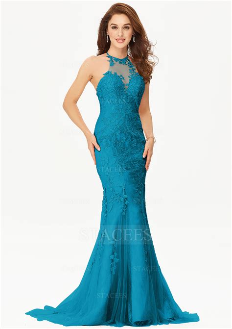 Trumpet Mermaid Scalloped Neck Lace Tulle Satin Sweep Train Prom Dress