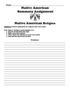 Native American Religion Summary Assignment By BAC Education TPT