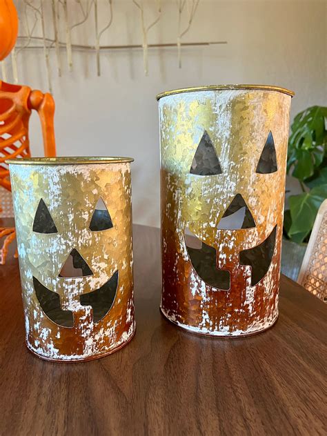 Set Of Two Galvanized Distressed With White Paint Ombr Orange Gold