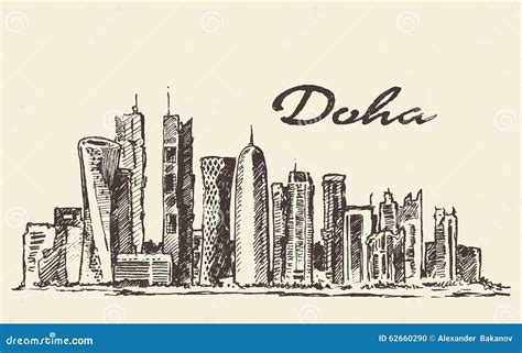 Doha Skyline Dhow Qatar Vector Hand Drawn Sketch Cartoondealer