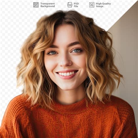 Premium PSD A Woman With Curly Hair And A Red Sweater With The Words