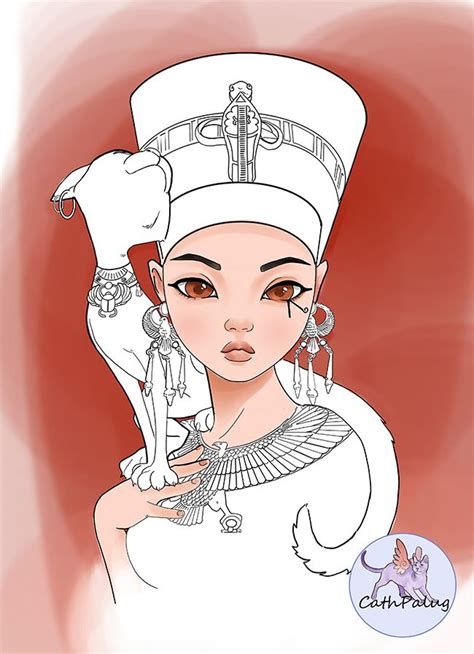 Digital Stamp For Coloring Nefertiti Ancient Egyptian Woman Cat