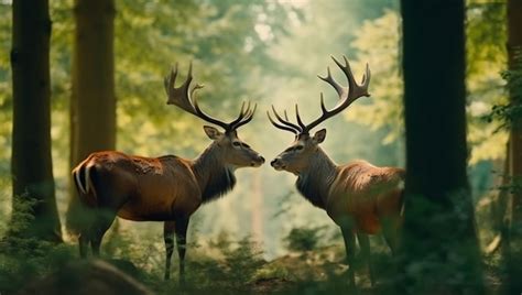 Dos Ciervos Rojos Cervus Elaphus Parados Juntos En Un Bosque En Verano