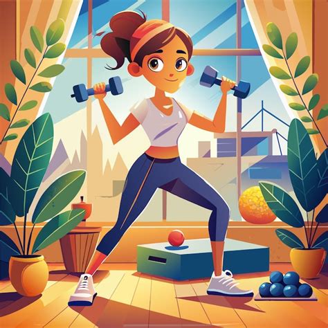 A Cartoon Illustration Of A Girl Doing Push Ups With Dumbbells