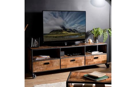 Meuble Tv Teck Massif 3 Tiroirs Et Tablette 4 Roulettes Métal 175cm Sula Decome Store