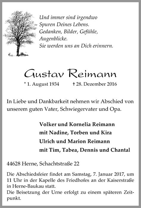 Traueranzeigen Von Gustav Reimann Trauer In NRW De