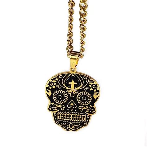 Collar Dije Calavera Mexicana Dorado Acero Inoxidable