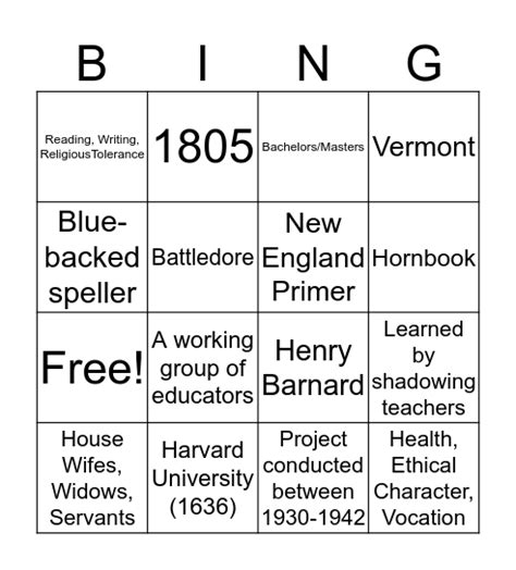 Colonial Bingo Bingo Card