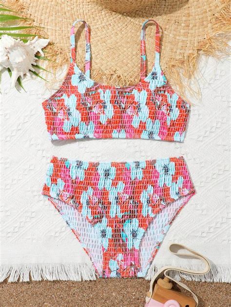 Tween Girl Vintage Floral Print Bikini Set Tropical Flower Beach