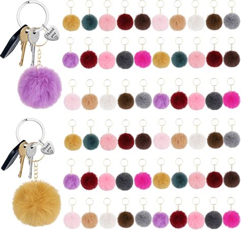 Amazon Tideme 60 Pieces Pom Poms Keychains 2 4 Inch Colorful Pom