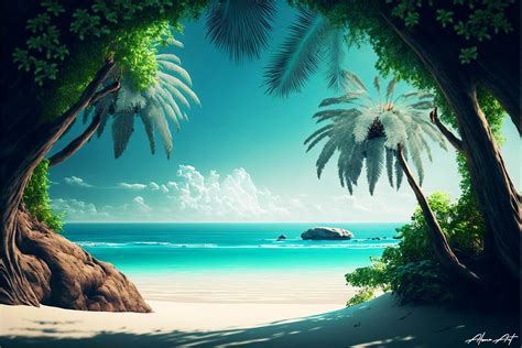 Stunning Sea Beach Palm Trees Sunny Sky Graphic By Alone Art · Creative