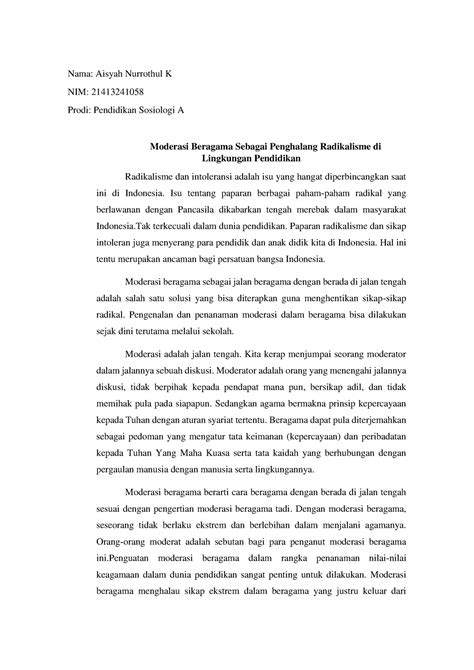 Essay Moderasi Beragama Nama Aisyah Nurrothul K NIM 21413241058