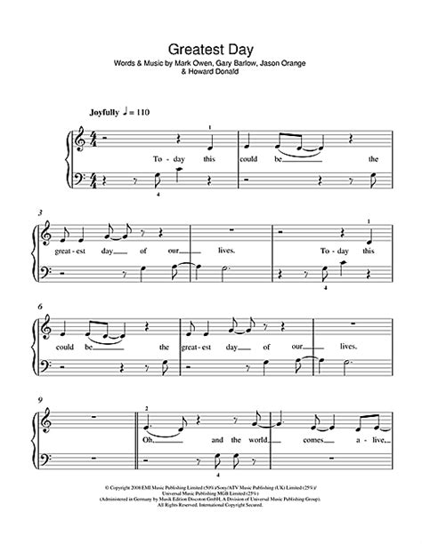 Take That "Greatest Day" Sheet Music Notes | Download Printable PDF ...