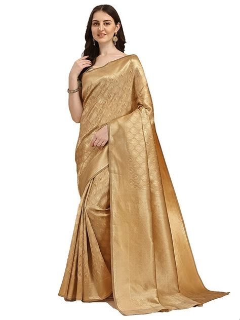 Golden Women Zari Jacquard Banarasi Silk Saree 6 M With Blouse Piece