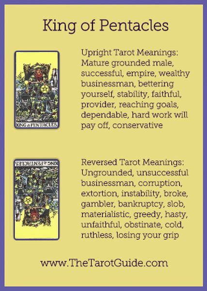 King Of Pentacles Tarot Flashcard Showing The Best Keyword Meanings For