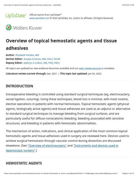 Overview Of Topical Hemostatic Agents And Tissue Adhesives Uptodate Pdf Hemostasis