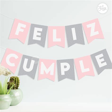 Banderines Feliz Cumple Imprimibles Rosa Y Gris