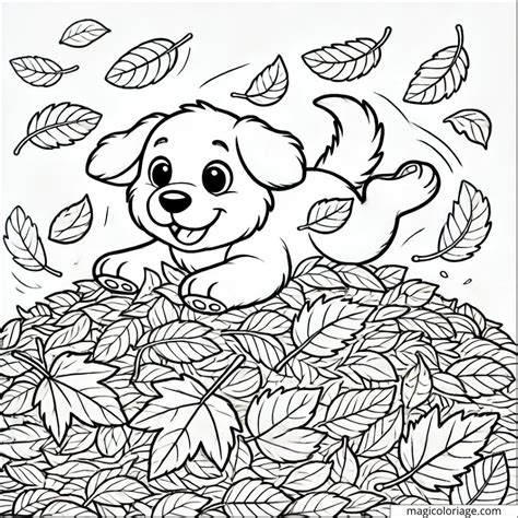 Coloriage Chien Jouant Dans Les Feuilles