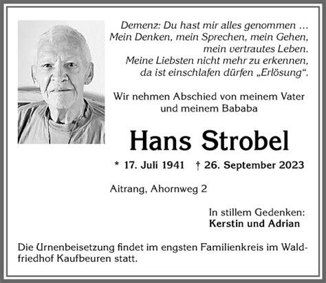 Traueranzeigen Von Hans Strobel Allg Uer Zeitung