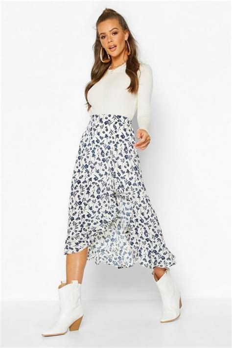 Womens Ruffle Front Floral Midi Skirt Boohoo Uk