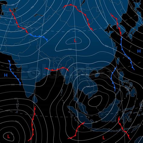 Forecast Weather Isobar Night Map Of Asia Wind Fronts And T Colourbox