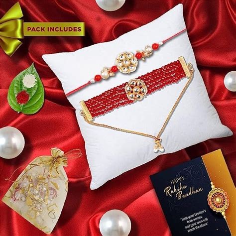 Bhaiya Bhabhi Rakhis 6 Inch Smizzy Handcrafted Kundan Lumba Rakhi Set