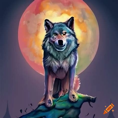 Imagen De Un Lobo Gris Con Luna Llena Y Bosque On Craiyon