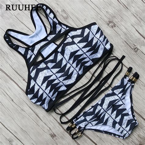 Ruuhee Bikinis Women Bandage Swimwear Low Waist Striped Bikini Set