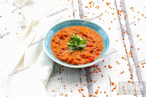 Indian Dhal With Red Lentils Garnished With Coriander Stock Photo