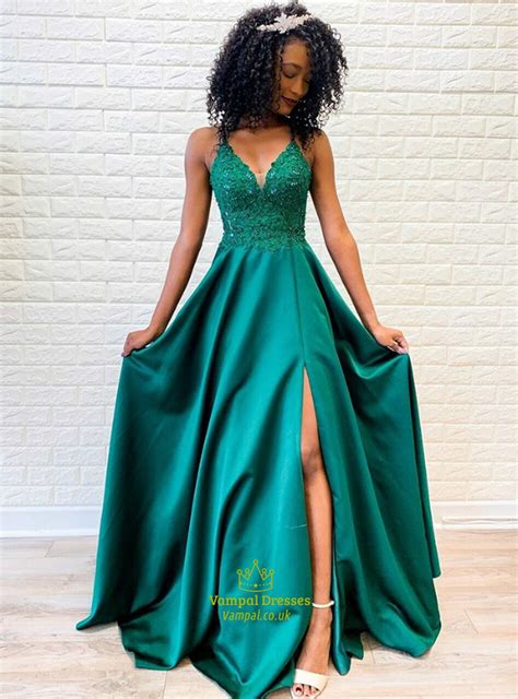 Emerald Green V Neck Beaded Lace Applique Criss Cross Back Prom Dress Vampal Dresses