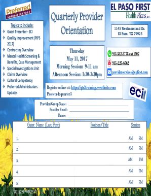 Fillable Online Quarterly Provider Orientation El Paso Health Fax