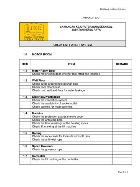 Checklist Lift Pdf Elevator Door