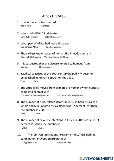 Africa HIV AIDS Worksheet Live Worksheets Worksheets Library