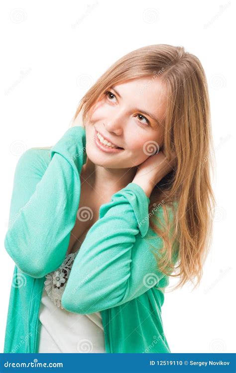 Joli Sourire Timide De Fille Photo Stock Image Du Vert Caucasien 12519110