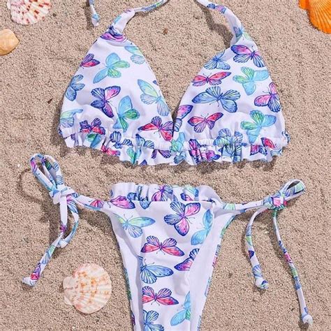 Butterfly Print Frill Trim Tie Halter Micro Bikinis Swimwear Td Mercado