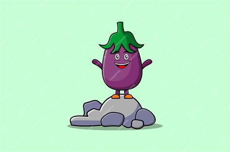 Premium Vector Cute Cartoon Eggplant Character Standing In Stone