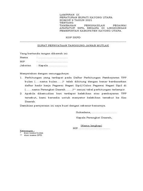 Lampiran X Format Surat Keterangan Tanggung Jawab Mutlak Pdf